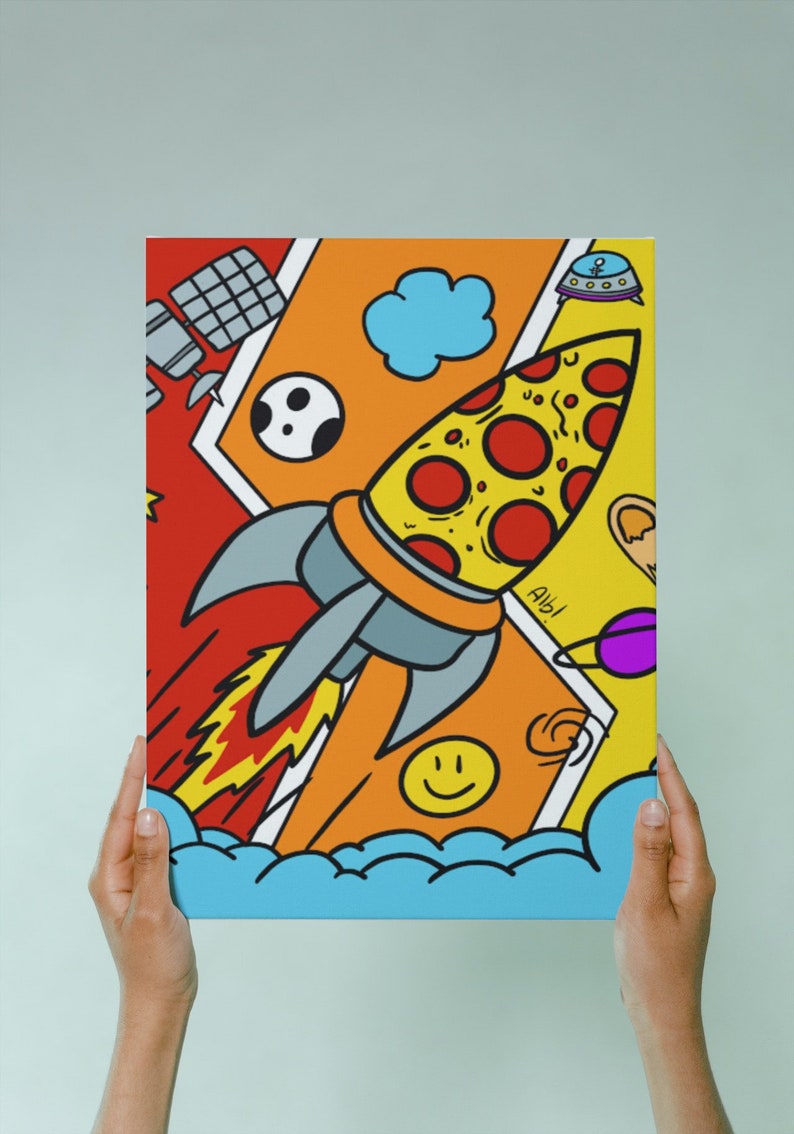 Pizza espacial. Ilustración de un cohete pizza que navega por el espacio. imagen 6