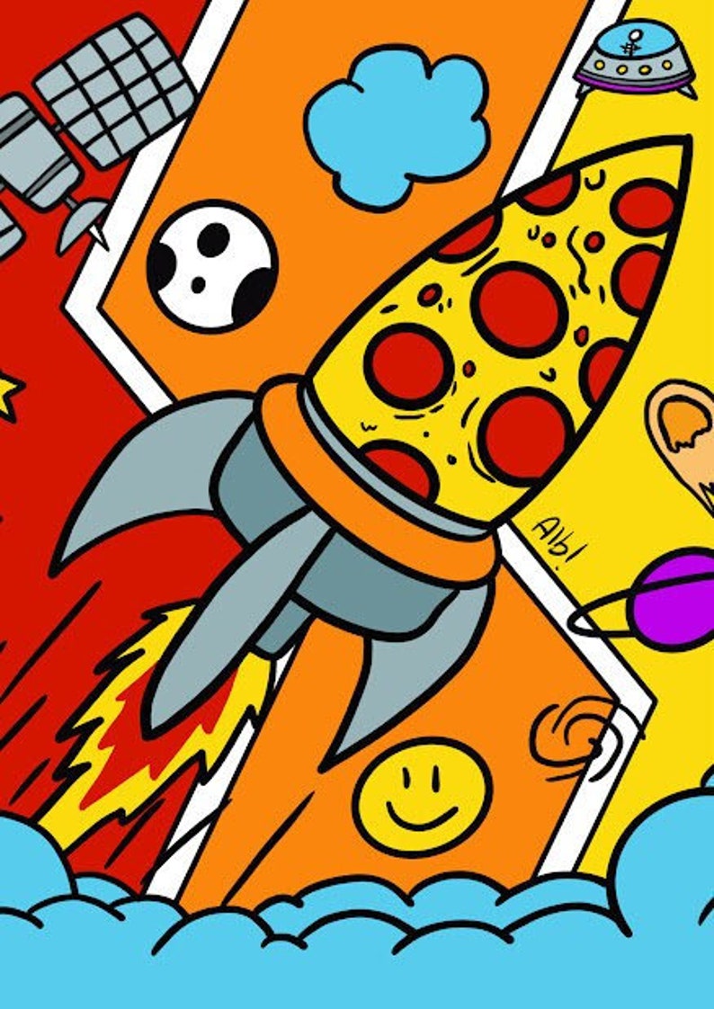 Pizza espacial. Ilustración de un cohete pizza que navega por el espacio. afbeelding 1