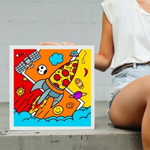 Pizza espacial. Ilustración de un cohete pizza que navega por el espacio. imagen 3