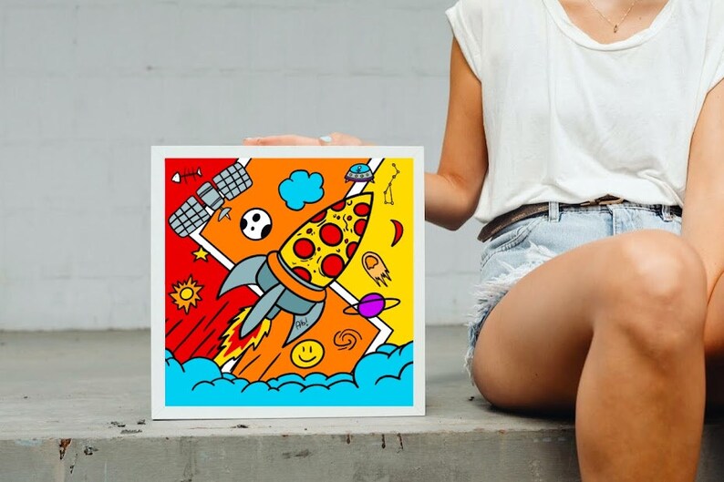 Space pizza. Illustration of a pizza rocket sailing through space. image 3
