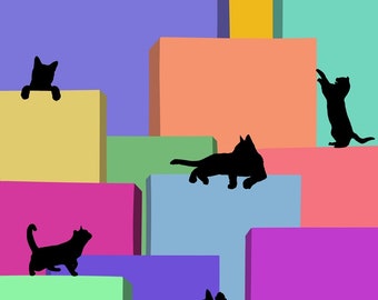Digital illustration of 7 Cats living on buildings.