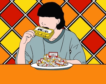 Ilustración de una chica desayunando música en forma de cassettes. Musica a todas horas.