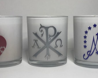 NEW WHITE 9 oz Pure Beeswax Candles w/Optional Catholic Decals