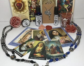 Catholic †Spiritual Warfare† Care Package--Stainless Steel Rosary--(Candles, Holy Water, Miraculous Medal)