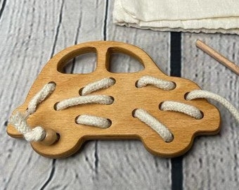 Wooden Car Lacing Toy: Montessori Threading Toy