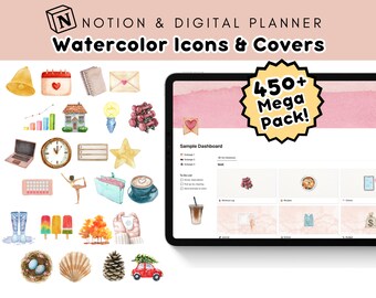 Notion Planner Icons & Covers Mega Pack: Watercolor Aesthetic (Notion Covers, Notion Icons, Seasonal Planner Icons) DIGITAL DOWNLOAD