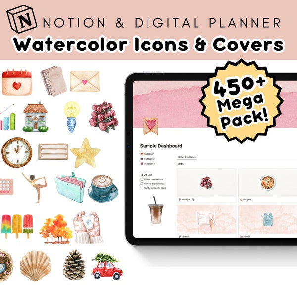 Notion Planner Icons & Covers Mega Pack: Watercolor Aesthetic (Notion Covers, Notion Icons, Seasonal Planner Icons) DIGITAL DOWNLOAD