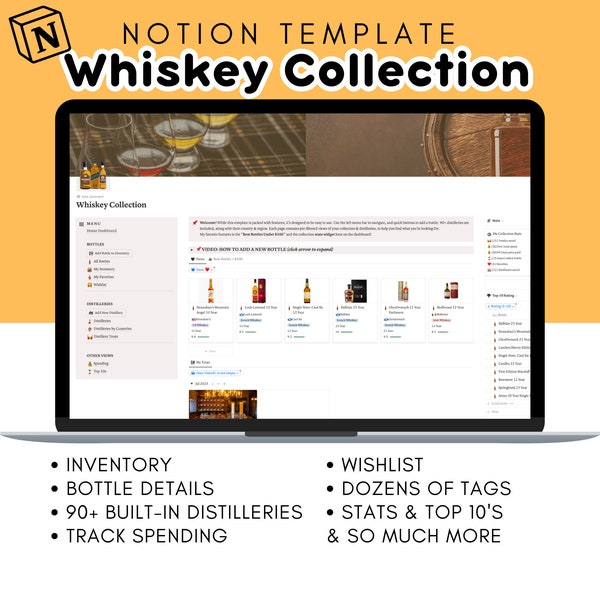 Whiskey Collection Notion Template (Scotch Collection Digital Organizer, Whiskey Distilleries, Whiskey Bottle Log)