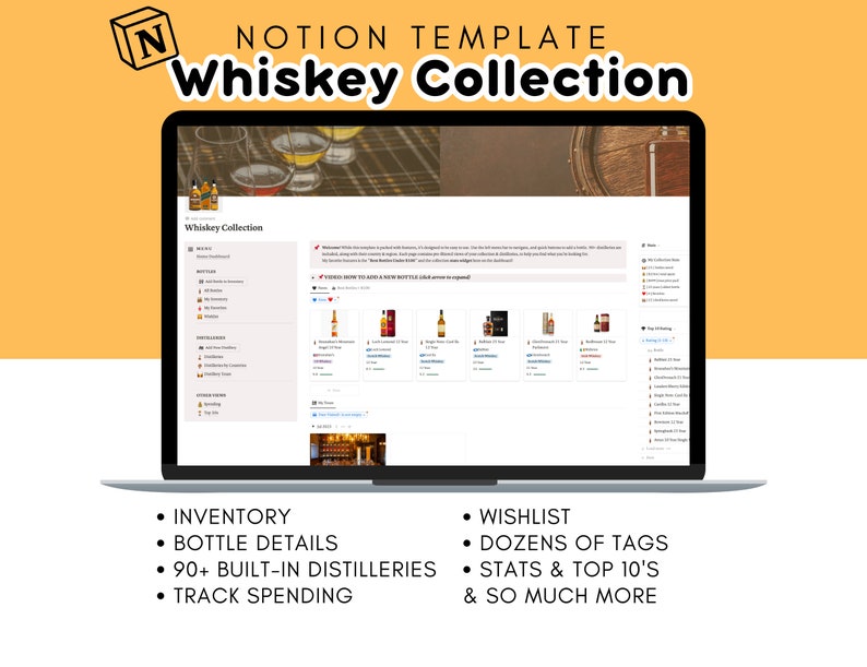 Whiskey Collection Notion Template Scotch Collection Digital Organizer, Whiskey Distilleries, Whiskey Bottle Log image 1