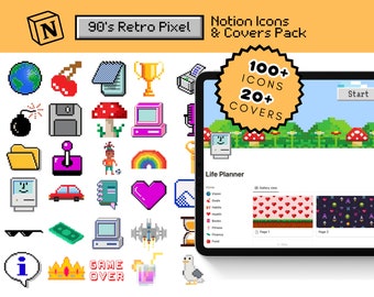 90's Retro Pixel | Notion Planner Icons & Covers (Notion Covers, Notion Icons) DIGITAL DOWNLOAD
