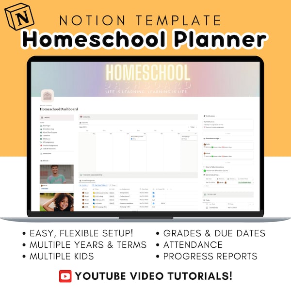 Homeschool Notion Planner Template / Online School Digital Planner (Multiple Kids, Youtube Tutorials, Assignments, Attendance & More)