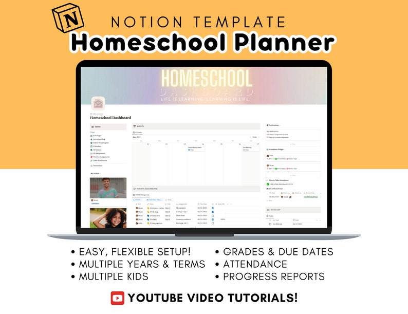 Homeschool Notion Planner Template / Online School Digital Planner Multiple Kids, Youtube Tutorials, Assignments, Attendance & More image 1