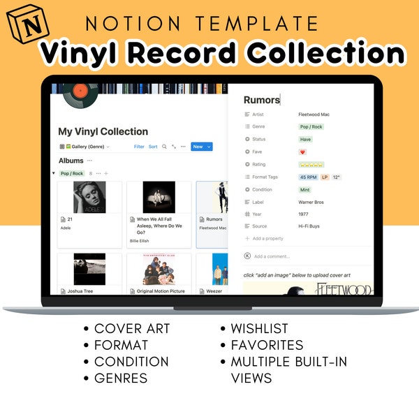 Notion Template für Vinyl Record Collection (Digitaler Organizer / Musik Planer)