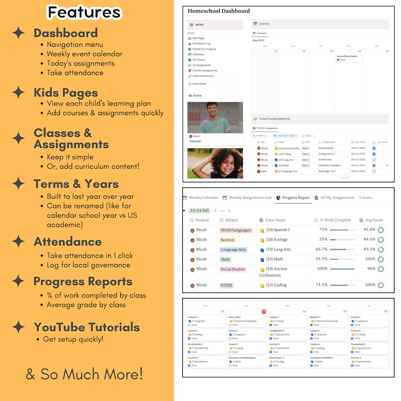 Homeschool Notion Planner Template / Online School Digital Planner Multiple Kids, Youtube Tutorials, Assignments, Attendance & More image 3