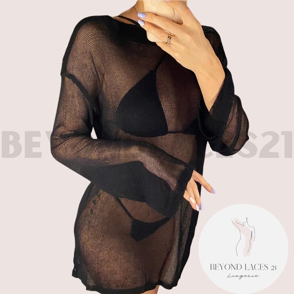 Sheer Mesh See Through Beach Cover Up, Women's Solid Top Cover Swimsuit, New Long Sleeves Swimwear Cover, Knot Side Fashion Coveralls