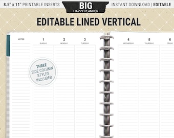 Editable Big Happy Planner Inserts: Lined Vertical Layout (Digital Download PDF)