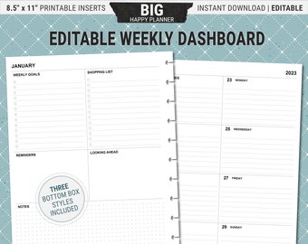 Editable BIG Happy Planner Dashboard Layout, Printable Weekly Planner Inserts, Undated Pages, Digital Download PDF