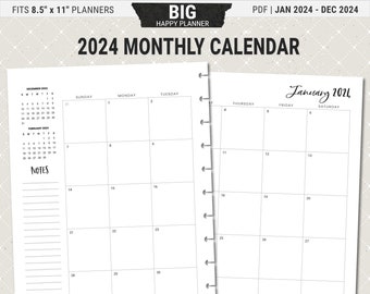 2024 BIG Happy Planner Monthly Calendar Inserts, Printable Pages, Digital Download PDF