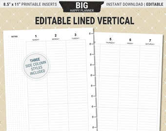 Inserciones verticales editables de BIG Happy Planner, páginas imprimibles del planificador semanal, sin fecha, descarga digital PDF