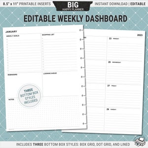 Diseño editable del panel de control BIG Happy Planner, inserciones de planificador semanal imprimibles, páginas sin fecha, descarga digital PDF