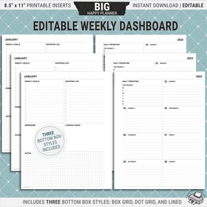 Editable BIG Happy Planner Dashboard Layout, Printable Weekly Planner Inserts, Undated Pages, Digital Download PDF