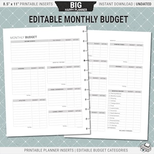Peut inclure: Feuille de budget mensuel imprimable de 8,5 x 28 cm avec des catégories pour les revenus, le logement, les transports, la nourriture, les services publics, les prêts et les économies. Le planificateur comprend également une section d'examen mensuel pour suivre les dépenses et les revenus.