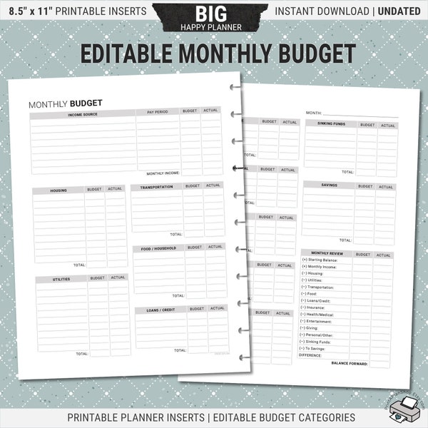 Editable BIG Happy Planner Monthly Budget Inserts, Printable Finance Planner Inserts, Digital Download PDF