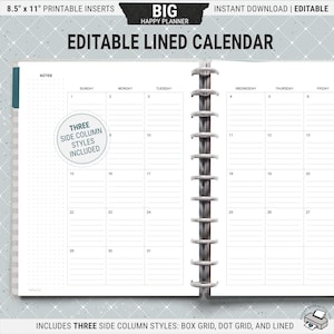 Editable BIG Happy Planner Lined Calendar Inserts, Printable Monthly Planner Pages, Undated, Digital Download PDF