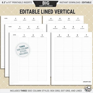 Editable BIG Happy Planner Lined Vertical Inserts, Printable Weekly Planner Pages, Undated, Digital Download PDF