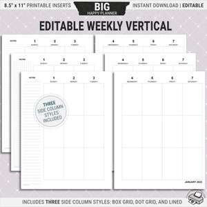 Editable BIG Happy Planner Vertical Inserts, Printable Weekly Planner Pages, Undated, Digital Download PDF