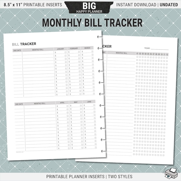 BIG Happy Planner Bill Tracker Inserts, Printable Payment Planner Inserts, Digital Download PDF