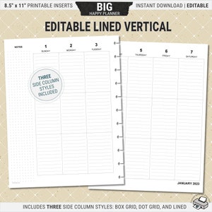 Editable BIG Happy Planner Vertical Inserts, Printable Weekly Planner Pages, Undated, Digital Download PDF