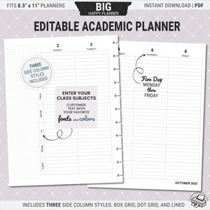 Editable Weekly Class Planner Inserts, BIG Happy Planner, Lined, Printable, Undated, Digital Download PDF