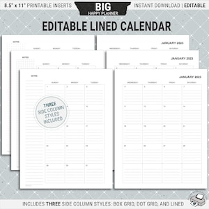Editable BIG Happy Planner Lined Calendar Inserts, Printable Monthly Planner Pages, Undated, Digital Download PDF