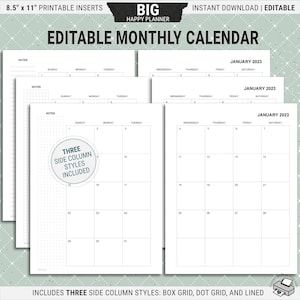 Editable BIG Happy Planner Calendar Inserts, Printable Monthly Planner Pages, Undated, Digital Download PDF