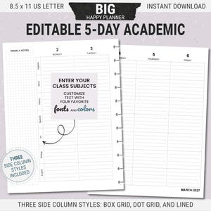 Editable Weekly Class Planner Inserts, BIG Happy Planner, Lined, Printable, Undated, Digital Download PDF