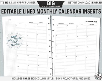 Editable Classic Happy Planner Monthly Calendar Inserts, Printable ...