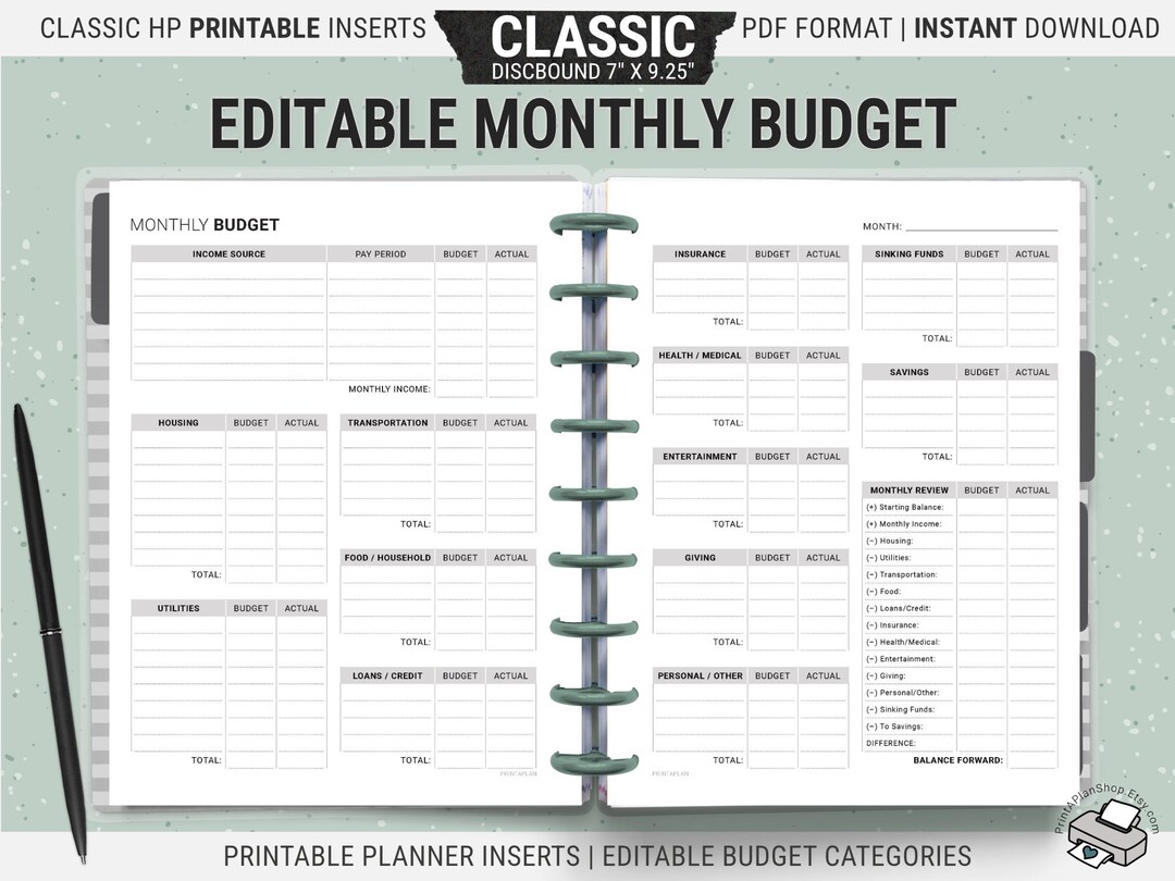 Editable Classic Happy Planner Monthly Budget Inserts, Printable ...