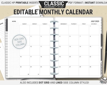 Editable Classic Happy Planner Monthly Calendar Inserts, Printable Undated Pages, Digital Download PDF