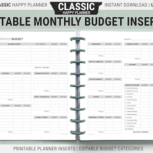 Editable Classic Happy Planner Monthly Budget Inserts, Printable Finance Planner Inserts, Digital Download PDF