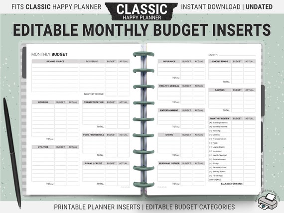 Editable Classic Happy Planner Monthly Budget Inserts - Etsy