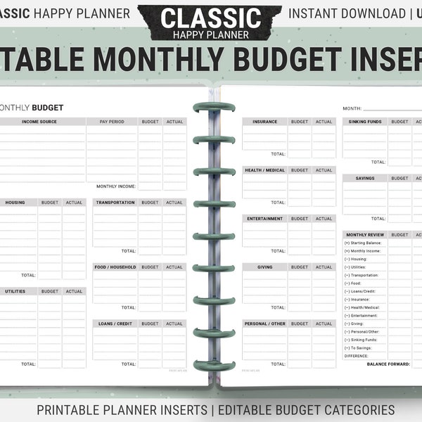 Editable Classic Happy Planner Monthly Budget Inserts, Printable Finance Planner Inserts, Digital Download PDF