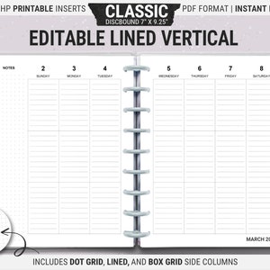 Editable Happy Planner Lined Vertical Layout, HP Classic, Printable Weekly Planner Inserts, Undated Pages, Digital Download PDF
