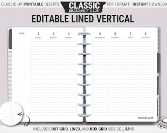 Happy Planner Lined Vertical Inserts: HP Classic, Editable (PDF Download)
