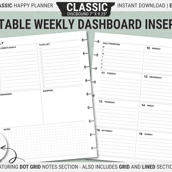 Editable Classic Happy Planner Dashboard Layout, Printable Weekly Planner Inserts, Undated Pages, Digital Download PDF