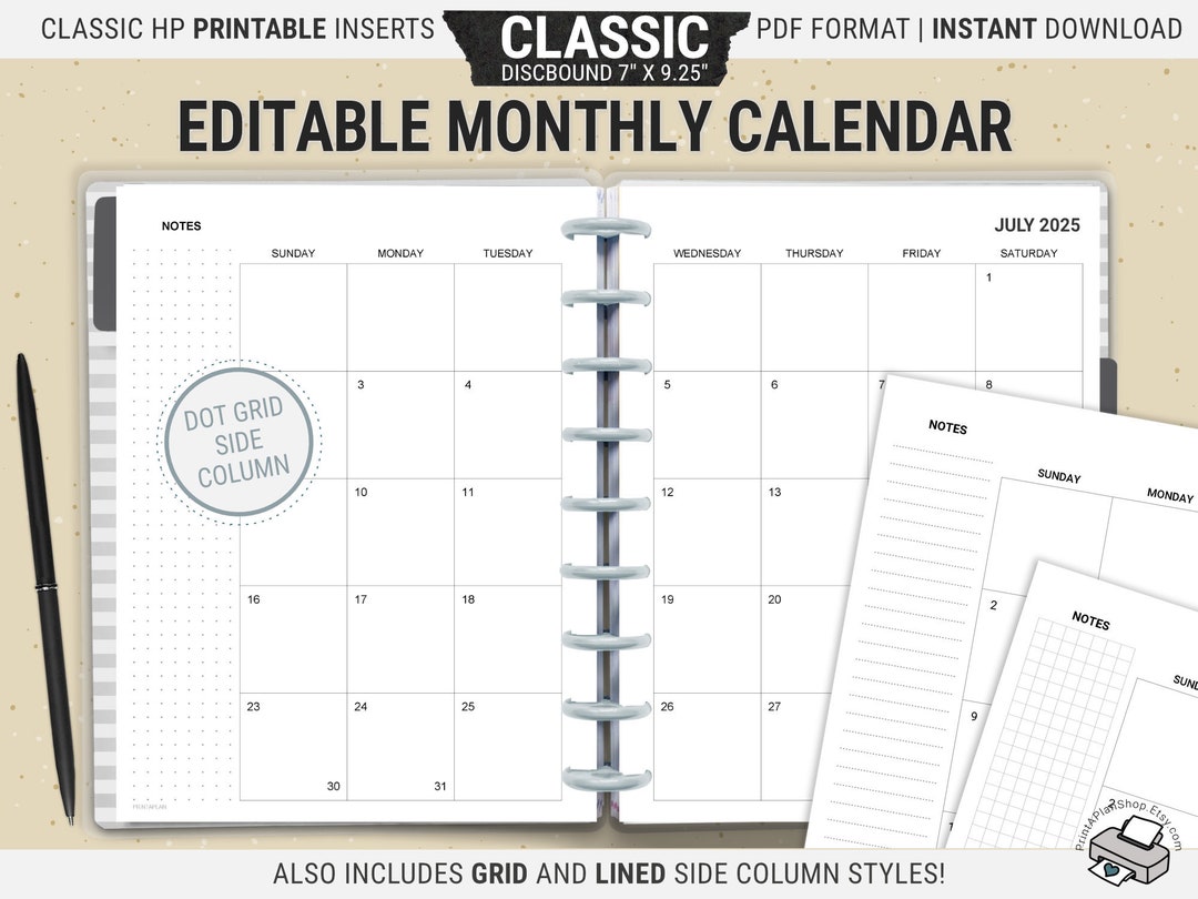 Editable Classic Happy Planner Monthly Calendar Inserts, Printable ...