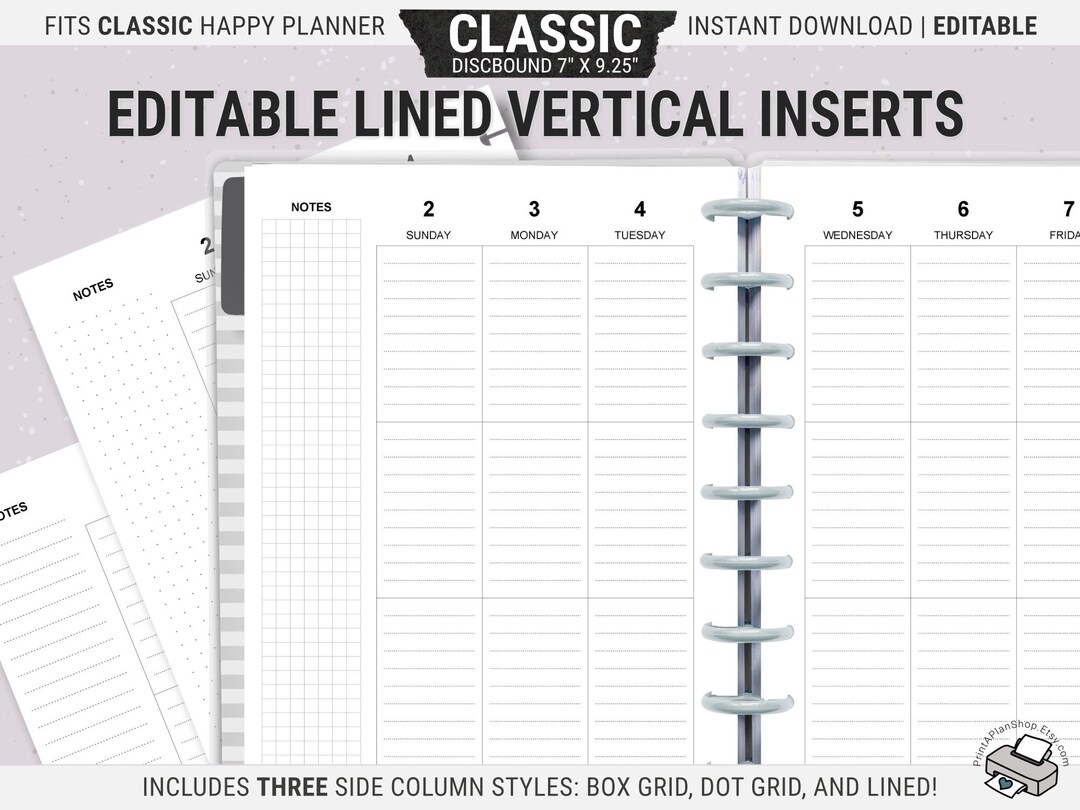 Editable Happy Planner Lined Vertical Layout, HP Classic, Printable ...