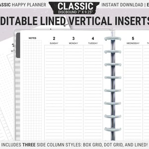 Editable Happy Planner Lined Vertical Layout, HP Classic, Printable Weekly Planner Inserts, Undated Pages, Digital Download PDF