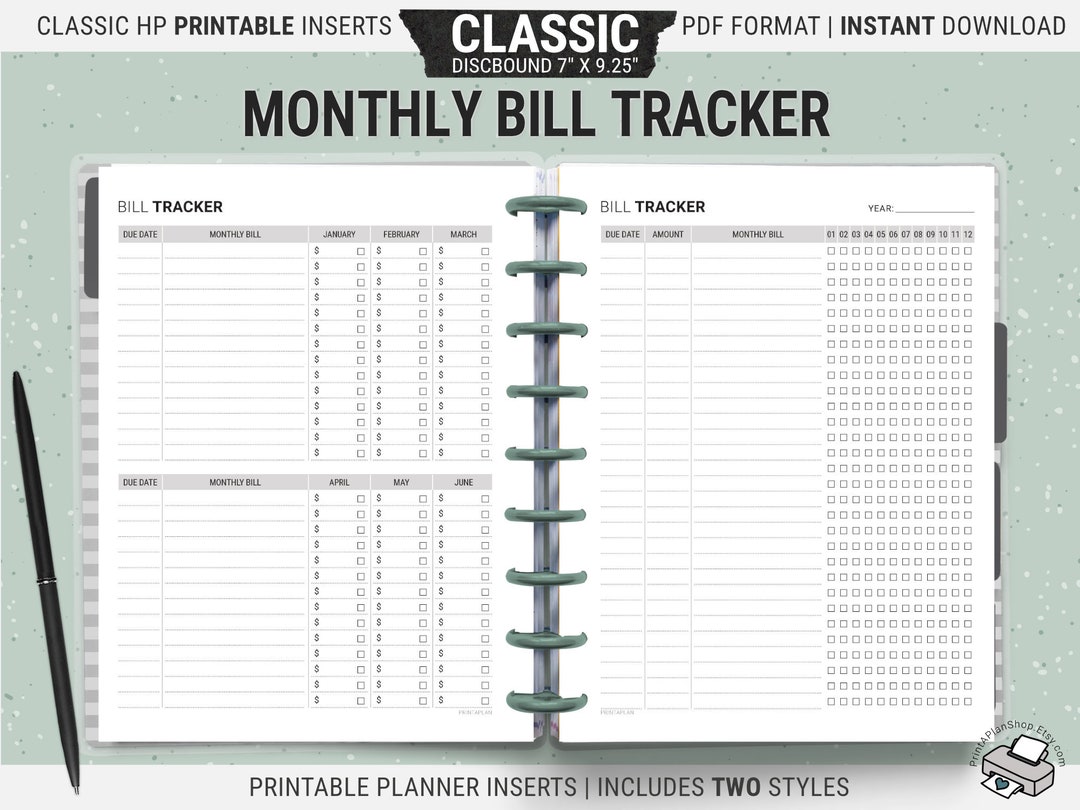 Classic Happy Planner Bill Tracker Inserts, Printable Payment Planner ...