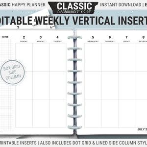 Editable Happy Planner Vertical Layout, HP Classic, Printable Weekly Planner Inserts, Undated Pages, Digital Download PDF